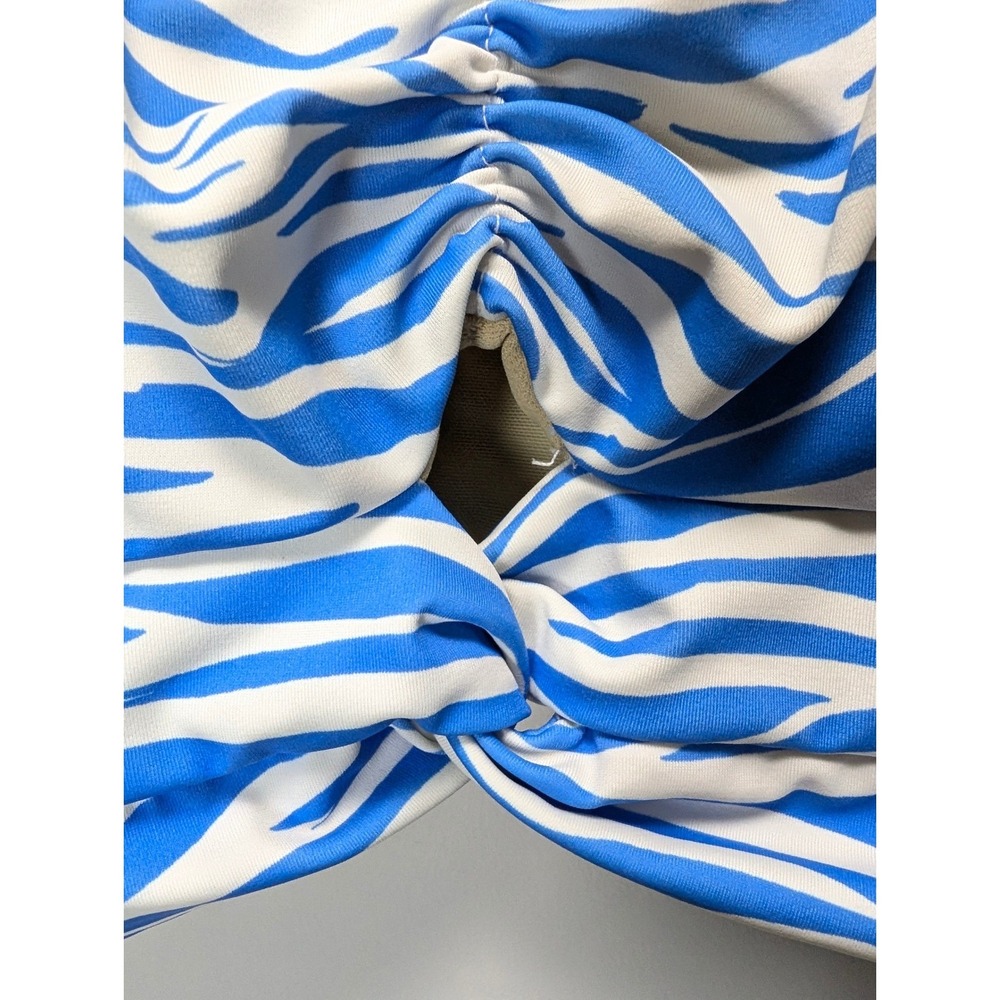 Blue White Zebra Print High Waisted Bikini Set Twist Front Ruched Swimsuit - Picture 3 of 10